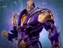 a man in a purple and gold suit is standing in front of a city