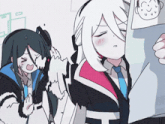 two anime characters are looking at a piece of paper with a drawing of a face on it