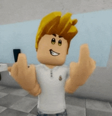 a roblox character is giving the middle finger while wearing a white shirt and jeans .