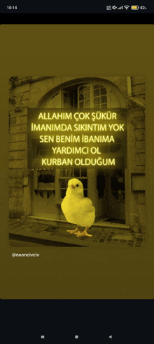 a yellow chicken is standing in front of a building with the words allahim çok sukur imanimda sikintim yok