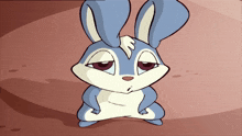 a blue and white cartoon rabbit with a sad look on his face