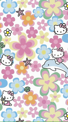 hello kitty and a dolphin are surrounded by colorful flowers on a white background