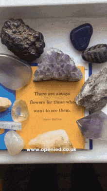 a book with a quote by heidi matisse is surrounded by rocks and crystals