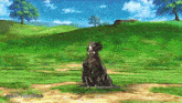 a video game character is standing in a grassy field