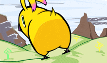 a cartoon drawing of a yellow bird with pink ears