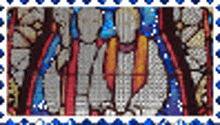 a close up of a stained glass window with a blue border .