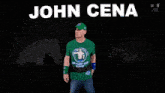 a man wearing a green shirt that says john cena on the front