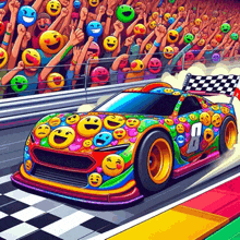 a colorful race car with smiley faces painted on it