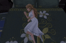 a woman in a white dress laying on a bed