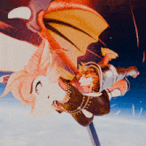 a cartoon character is being lifted by a red dragon