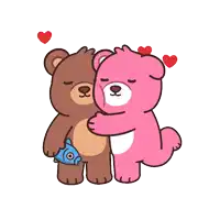 a brown teddy bear and a pink teddy bear hug each other