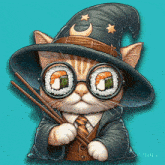 a cat wearing a wizard hat and glasses holds chopsticks and sushi in its eyes