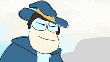 a cartoon character with a hat and glasses is smiling