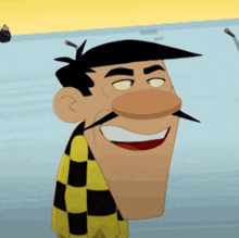 a cartoon character with a mustache is smiling and wearing a yellow and black sweater