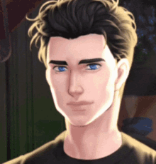 a man with a black shirt and blue eyes is looking at the camera