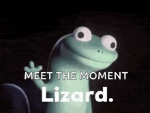a cartoon lizard with big eyes is smiling and says `` meet the moment lizard . ''