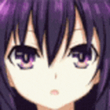 a close up of a anime girl 's face with purple hair and purple eyes .