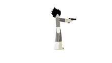 a cartoon character is holding a gun in his hand and pointing it at the camera .