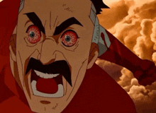 a cartoon character with a mustache and red eyes screaming