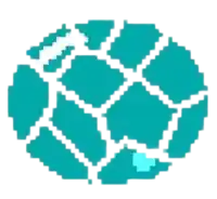 a pixel art drawing of a globe with a blue circle in the middle .