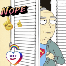 a cartoon of a man looking out a window with a heart that says " stay gay "