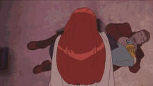 a cartoon drawing of a woman with red hair standing next to a man