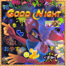 a picture of a cartoon character with the words good night written on it