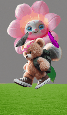 a teddy bear carrying a backpack is walking next to a stuffed flower with butterflies on it