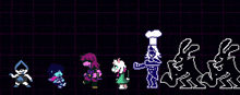 a group of pixel art characters are standing next to each other on a grid .