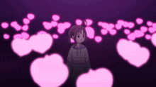 a girl in a hoodie is surrounded by pink hearts in the dark