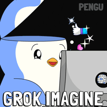 a cartoon of a penguin giving a thumbs up with the words grok imagine below it