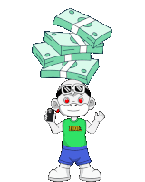 a cartoon of a monkey holding a cell phone with a stack of money above his head