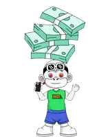a cartoon of a monkey holding a cell phone with a stack of money above his head