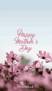 a happy mother 's day greeting card with a field of pink flowers