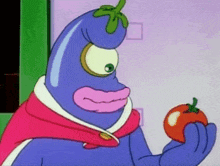 a cartoon character with a purple eggplant head holding a red tomato
