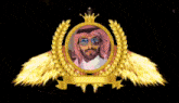 a man in a turban and sunglasses is in a gold emblem with wings