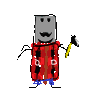 a pixel art drawing of a man in a plaid jacket holding a hammer .