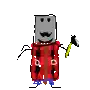 a pixel art drawing of a man in a plaid jacket holding a hammer .