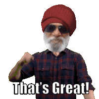 a man with a beard wearing a red hat and plaid shirt flexes his arm with the words that 's great behind him