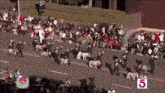 a crowd of people watching a parade with the number 5 on it