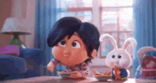 a little girl is sitting at a table eating food next to a stuffed bunny rabbit .