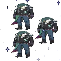 a pixel art of a man in a black jacket