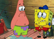 two cartoon characters , patrick star and spongebob squarepants , are standing next to each other on a wooden floor .
