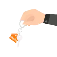a hand is holding a set of keys with an orange tag that says elbalco on it