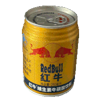 a yellow can of redbull with a red bull on it