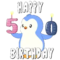 a penguin is holding a candle in the shape of a number 5