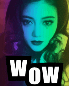 a woman 's face is behind a sign that says wow on it