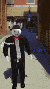 a man in a suit and hat is walking down a street with the words " a he 's " in the corner