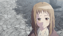 a girl with a sad look on her face stands on a brick sidewalk