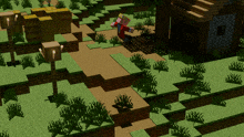 a person in a red shirt is standing on a path in a minecraft game